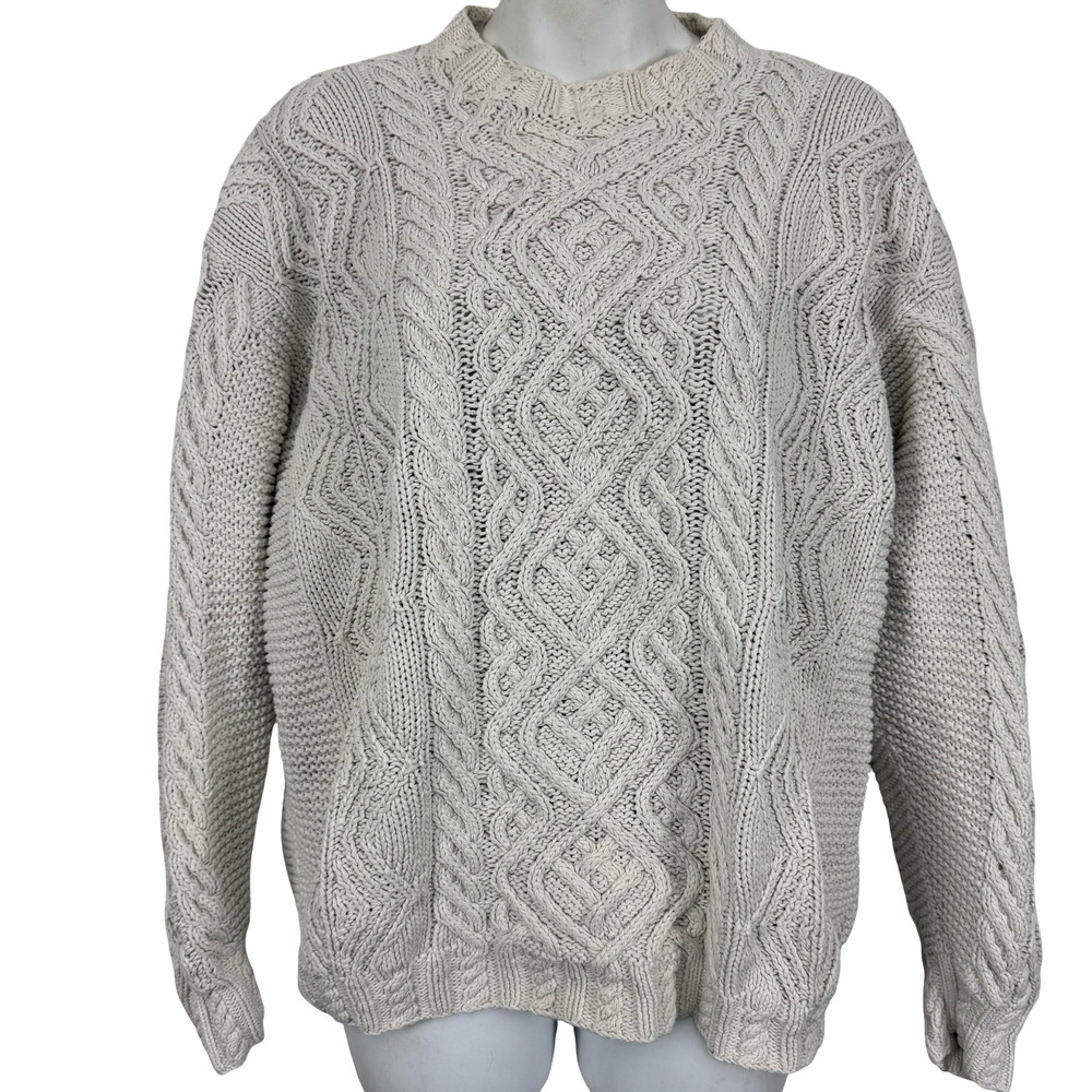 Eddie Bauer Womens Petite Vintage Fisherman Cable Knit Cotton Sweater Ivory sz L